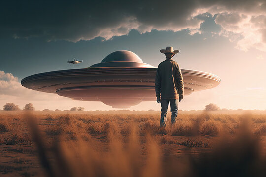 Flying saucer flies in sky over silhouette of man standing in field. Invasion of extraterrestrial intelligence on an intergalactic ship. Alien abduction. Created with Generative AI
