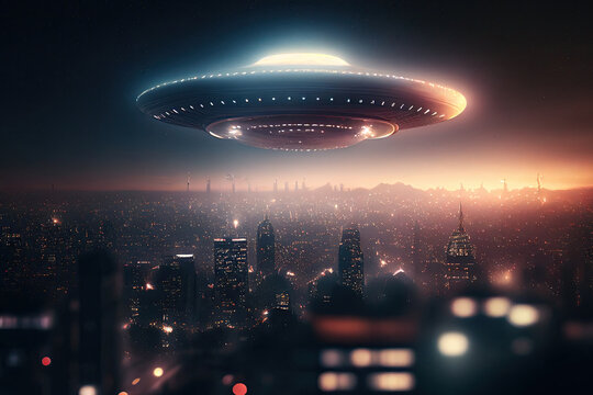 Flying saucer flying in the sky over night city. Invasion of extraterrestrial intelligence on an intergalactic ship. Alien abduction. Created with Generative AI