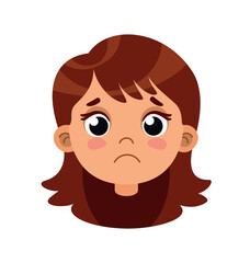 Sad girl head for animation. Upset schoolgirl with drooping lips and tears in her eyes. Depression and frustration, emotions and feelings, facial expressions. Cartoon flat vector illustration