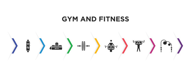 gym and fitness filled icons with infographic template. glyph icons such as fitness bracelet, gym bag, fitness wheel, trainers, barbell weightlifting, skipping rope vector.