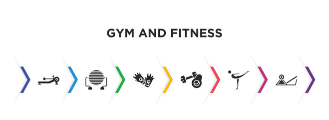 gym and fitness filled icons with infographic template. glyph icons such as rowing hine, pilates ball, fitness gloves, fitness nutrition, stretching leg exercise, press simulator vector.