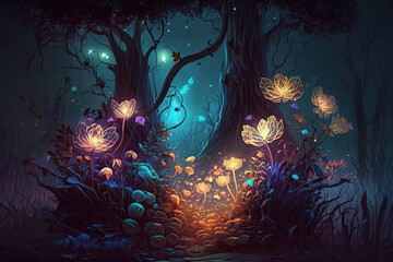 Fairy forest at night, fantasy glowing flowers and lights. Generated AI.