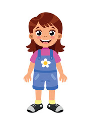 Girl standing for animation. Character standing in denim jumpsuit with flower, purple Tshirt and yellow socks and black sneakers. Constructor, movement and action. Cartoon flat vector illustration