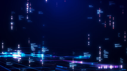 digital technology abstract concept Small particles connected in multicolored lines with a perspective view on dark blue background. Transmission of data in a fast internet network connection.