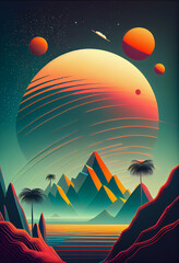coastal landscape exotic creatures from paradise outer space planet ,geometrical lines,dot art
