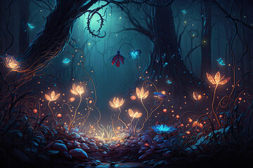 Fototapeta premium Fairy forest at night, fantasy glowing flowers and lights. Generated AI.