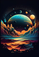 coastal landscape exotic creatures from paradise outer space planet ,geometrical lines,dot art