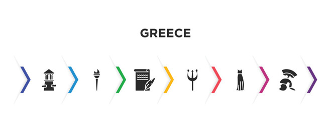 greece filled icons with infographic template. glyph icons such as olympus, sports torch, letter quill, poseidon, robe, armor vector.