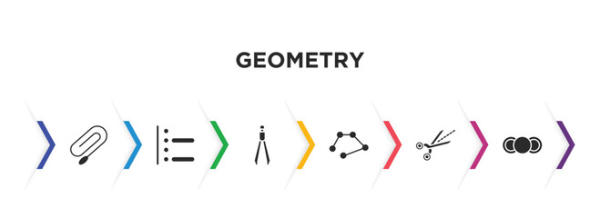 geometry filled icons with infographic template. glyph icons such as clip, right align, construction, line, trim, front vector.