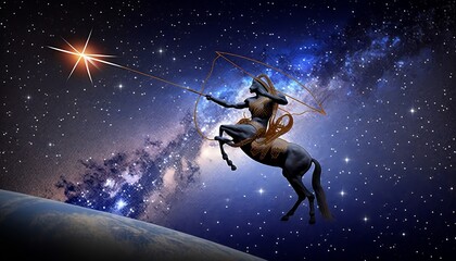 Saggitarius Zodiac Sign illustration in a star constallation background. Generated by AI. - obrazy, fototapety, plakaty