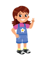 Girl standing for animation. Person standing in denim jumpsuit with flower and purple tshirt shows two fingers. Cheerful and happy character. Cartoon flat vector illustration