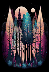 Tall orange cedar trees ethereal forest,psychedelic color,line drawing neon light