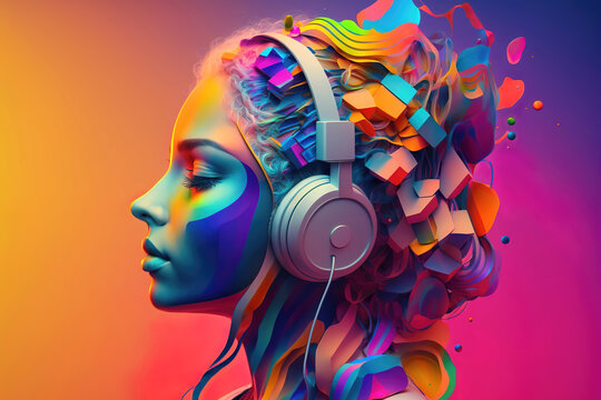 girl with headphones, abstract colorful illustration, generative ai