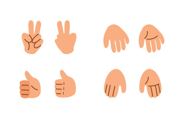 Girl palms for animation set. Two fingers, thumb and open hand. Friendly gestures, positivity and optimism. Emotions and expression. Cartoon flat vector illustrations isolated on white background