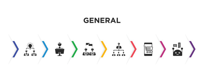 general filled icons with infographic template. glyph icons such as collaborative idea, coworking, brand engagement, hr planning, ecommerce platform, chat bot vector.