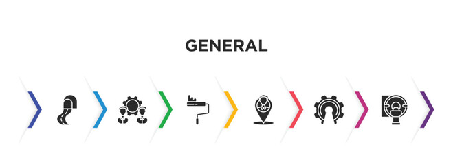 general filled icons with infographic template. glyph icons such as road tunnel, outsourcing, painting work, placement, open source, mri scanner vector.