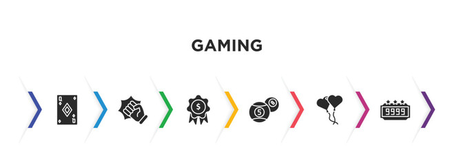 gaming filled icons with infographic template. glyph icons such as queen of diamonds, actions, money award, billiard ball, balloon hearts, scores vector.