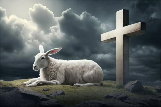 Easter lamb next to cross on a mountain - Bright light piercing the dark clouds - Generative AI - Powered by Adobe