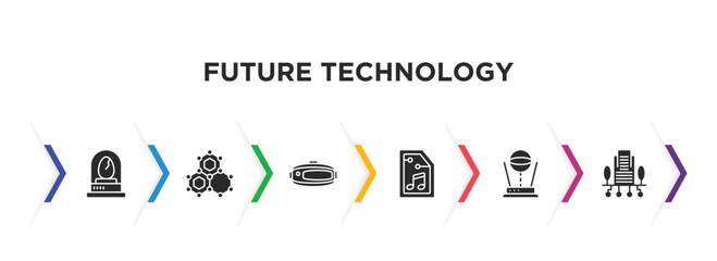 future technology filled icons with infographic template. glyph icons such as egg incubator, nanotechnology, vr glasses, audio file, hologram, building vector.