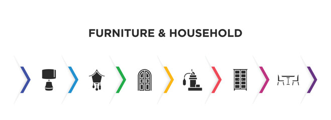 furniture & household filled icons with infographic template. glyph icons such as table lamp, cuckoo clock, double door, sump pump, armoire, dinner table vector.