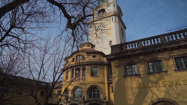Mullersches Volksbad Outside view of building. Public indoor swimming pool located at the river Isar. Munich, Bavaria, Germany. Muellersches Volksbad. Hallenbad und sauna. Mullersches Volksbad. 