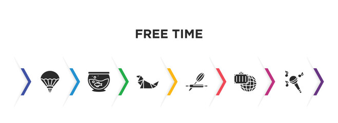 free time filled icons with infographic template. glyph icons such as parachuting, fish tank, origami, baking, traveling, concert vector.