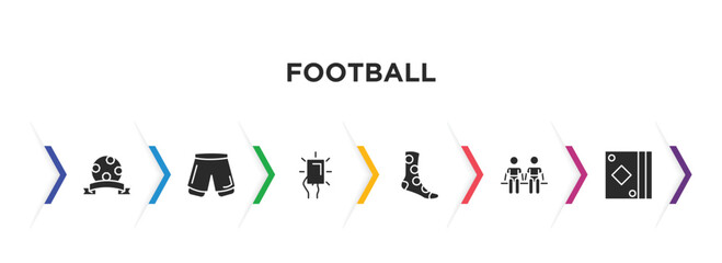 football filled icons with infographic template. glyph icons such as football club, football shorts, yellow card, socks, player substitution, cards vector.