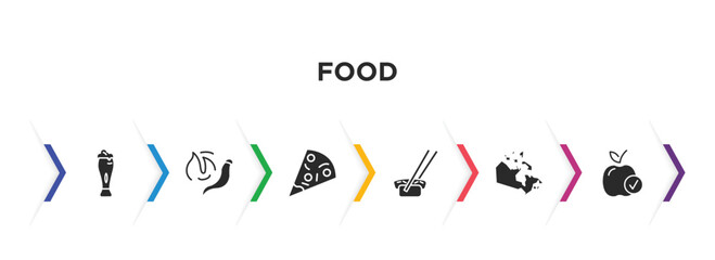 food filled icons with infographic template. glyph icons such as jar of beer, hot pepper, triangular pizza slice, sushi and chopsticks, canadian, healthy food vector.