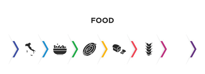 food filled icons with infographic template. glyph icons such as italian, tiffin, bowl with vegetables, milky, loaf of bread, ear of wheat vector.