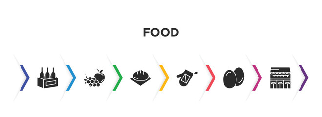 food filled icons with infographic template. glyph icons such as wine bottles in a box, and grapes, wonton, cooking mitts, two eggs, cafe bar vector.