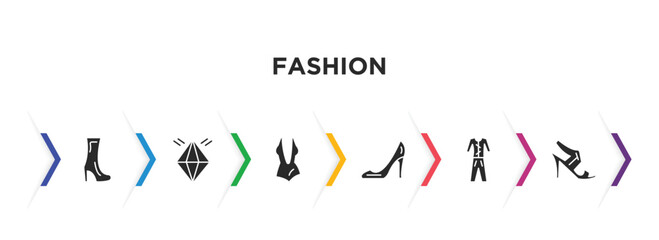 fashion filled icons with infographic template. glyph icons such as high heel boots, jewel, women swimsuit, high heel shoes, femenine trakcsuit, high heel sandals vector.