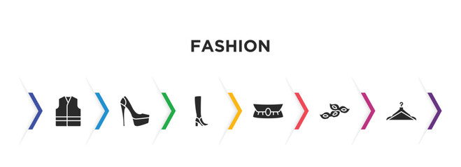 fashion filled icons with infographic template. glyph icons such as safety shirt, heel, woman boots, accessory, two carnival masks, clothing hanger vector.