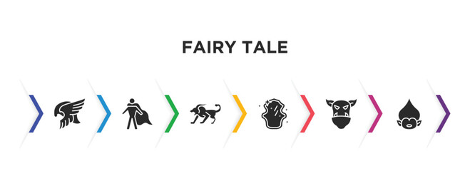 fairy tale filled icons with infographic template. glyph icons such as valkyrie, hero, chimera, magic mirror, ogre, troll vector.