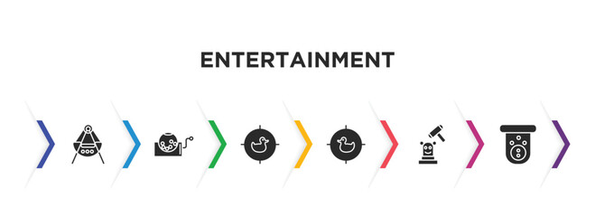 entertainment filled icons with infographic template. glyph icons such as fair ship, lottery, shoot duck, duck shooting, whack a mole, skee ball vector.