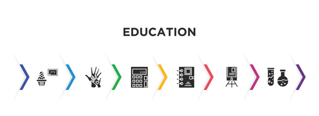 education filled icons with infographic template. glyph icons such as teacher giving lecture, hand care, adding hine, school agenda, flip chart, chemical test tube vector.