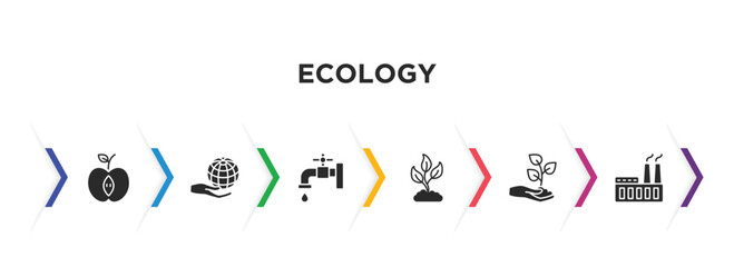 ecology filled icons with infographic template. glyph icons such as half, globe on hand, water tap, growing plant, plant on a hand, power plant vector.