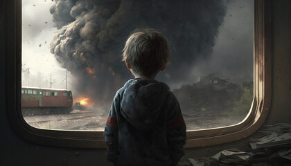 A boy standing and looking at a bomb exploding in the distance during a war, made with generative ai