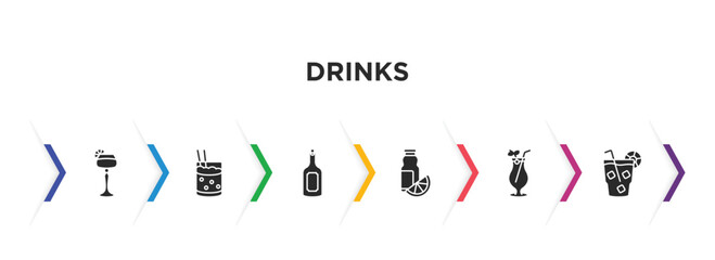 drinks filled icons with infographic template. glyph icons such as sidecar drink, mind eraser drink, rum, juice bottle, tequila sunrise, cuba libre vector.