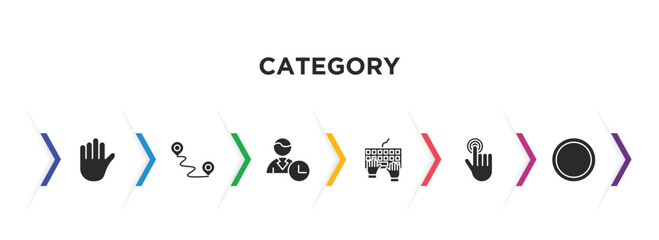 category filled icons with infographic template. glyph icons such as hold, navigation, busy, typing, clicker, circle vector.