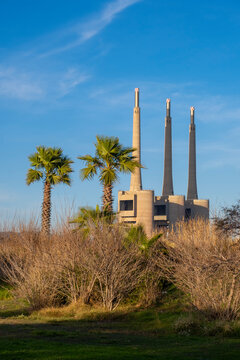 Chimneys of an old thermal power station in Sant Adria de Besos in the metropolitan area of Barcelona in Spain