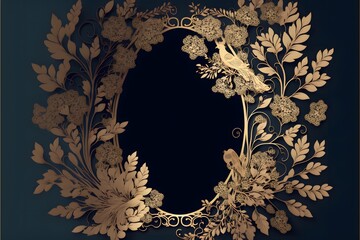 Black-colored wedding invitation card design template with luxury floral leafy frame border