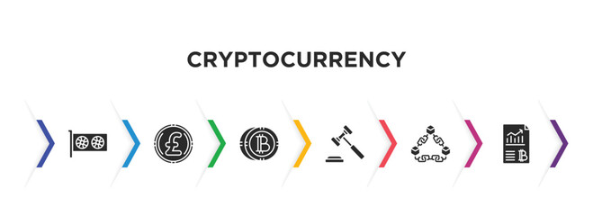 cryptocurrency filled icons with infographic template. glyph icons such as video card, pound, bitcoin, auction hammer, chains, crypto hash rate vector.