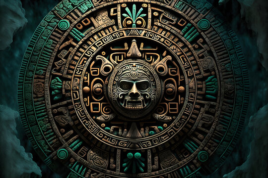 Close view of the ancient Aztec mayan calendar with round pattern and relief on stone surface. Neural network AI generated art