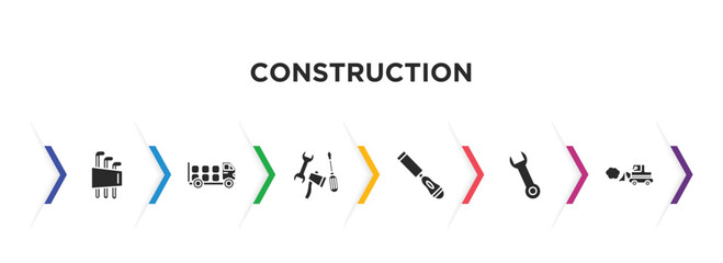 construction filled icons with infographic template. glyph icons such as hex key, truck with load, three tools, chisel, spanner, little snowplow vector.