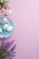 Easter celebration concept. Top view vertical photo of blue plate with easter eggs cutlery ceramic...