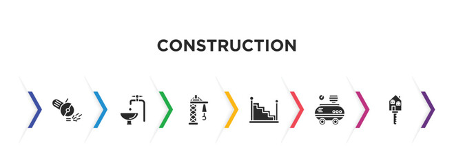 construction filled icons with infographic template. glyph icons such as angle grinder, adjusment system, derrick facing right, stairs with handle, air compressor, home key vector.