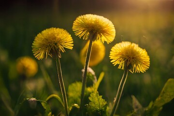 Fototapeta na wymiar sunlight, dandelions in the grass, AI