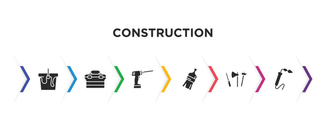 construction filled icons with infographic template. glyph icons such as paint bucket, tool box, drill, brush, tools, welding vector.