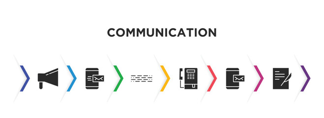 communication filled icons with infographic template. glyph icons such as bullhorn, mobile with envelope, morse code, public phone, mobile receiving email, writing letter vector. © IconArt