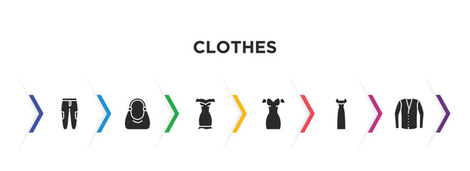 clothes filled icons with infographic template. glyph icons such as chi pants, hobo bag, off the shoulder dress, drees, long sleeveless dress, cotton cardigan vector.